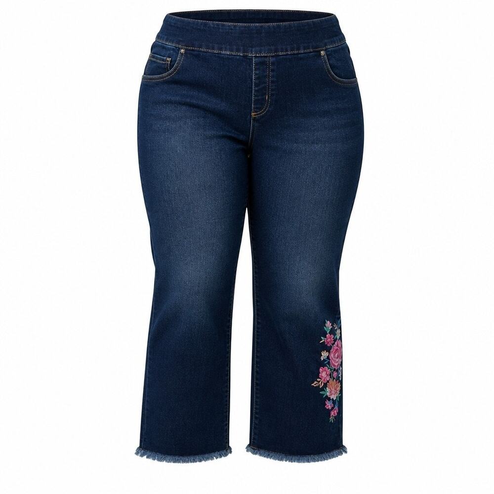 Pioneer Woman Embroidered Floral Dark Blue Denim Jeans~Cropped~Raw Hem~Size XL